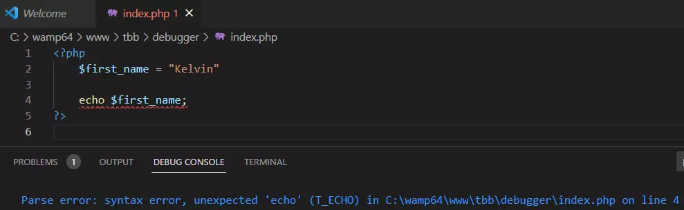 PHP code on VS Code editor Debug