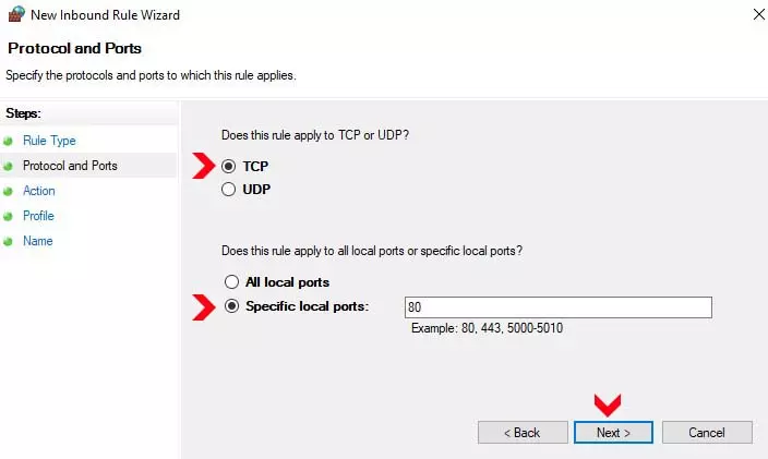 Windows Firewall Select Port Options