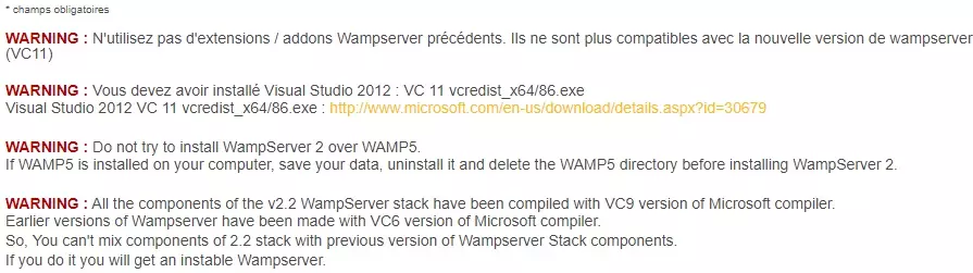 WAMP installation page information